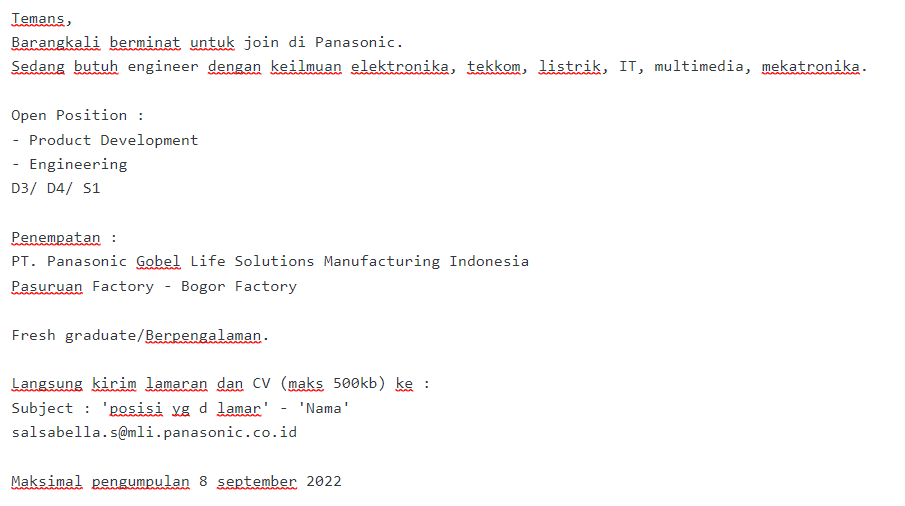 Lowongan Kerja PT. Panasonic Gobel Life Solutions Manufacturing Indonesia 2022