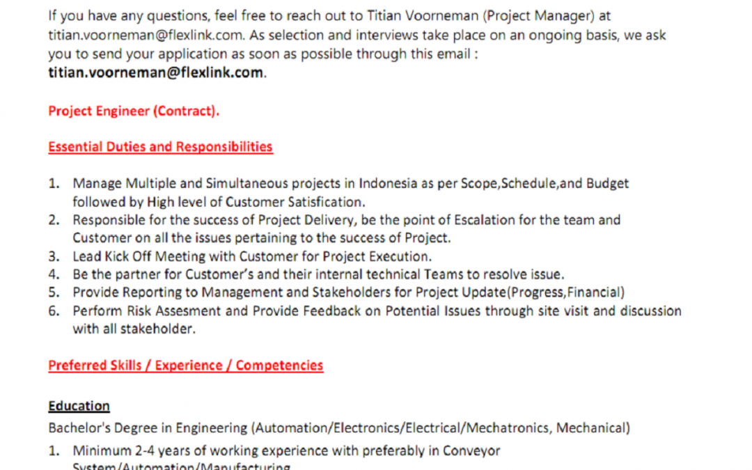 Project Engineer Job Description – Flexlink 2023