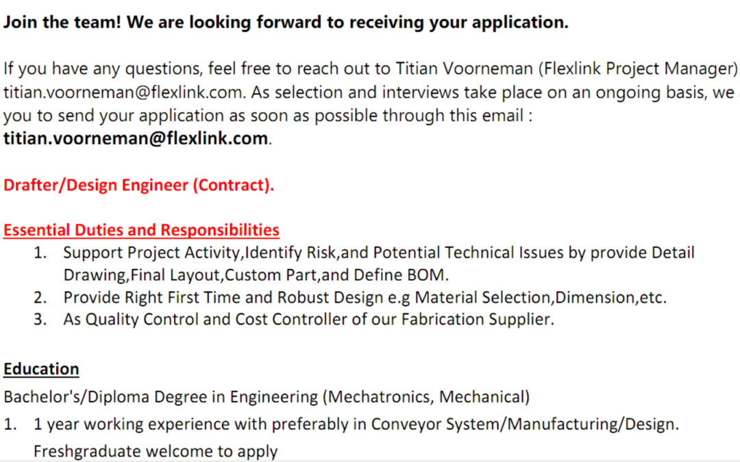 Drafter and Project Engineer Job Description – Flexlink 2024